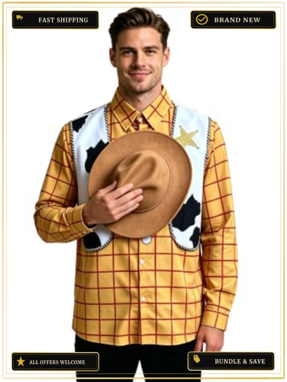 Men's Plaid Button Long Sleeve Cowboy Costume Shirt with Necktie